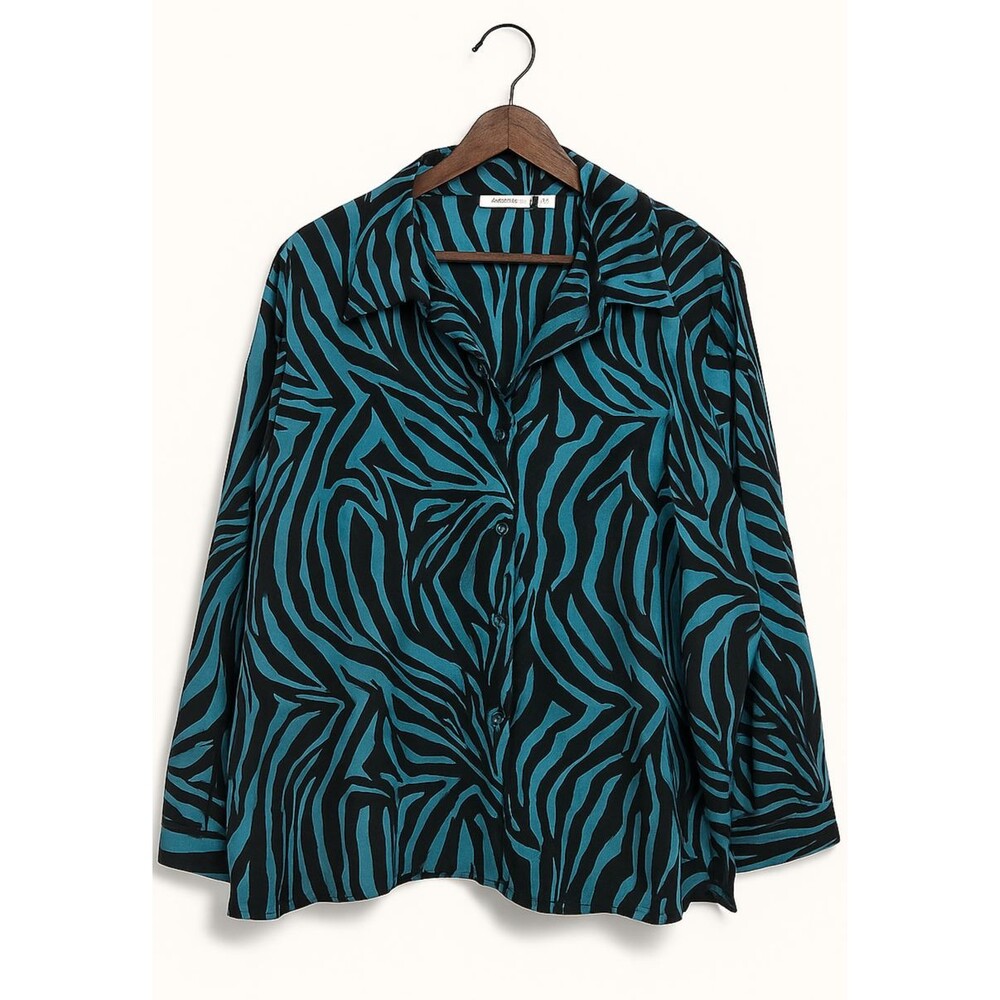 Susan Graver Shirt Women 2X Blue Black Zebra Animal Print Liquid Knit Artsy Glam